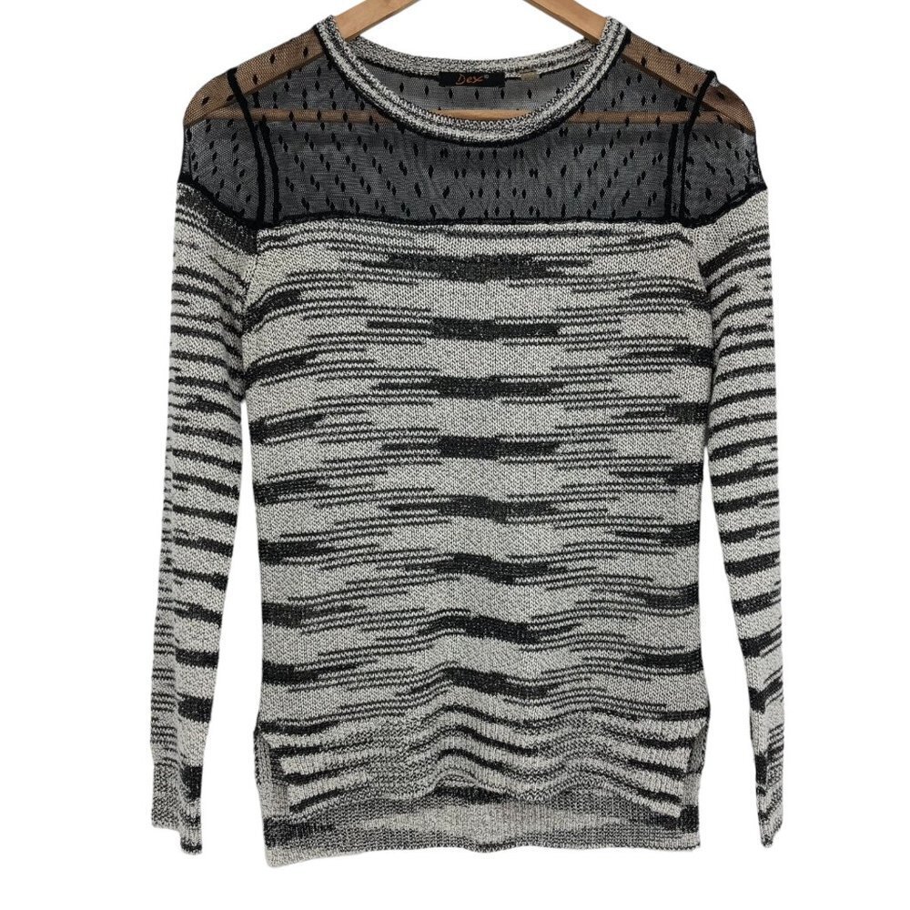 Dex Black Grey Abstract Stripe Long sleeve Polka Dot Mesh neck XS